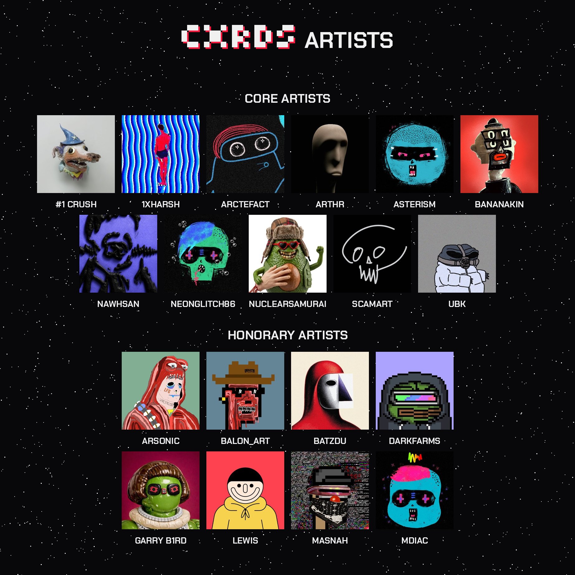 The nineteen CXRDS artists — eleven core and eight honorary