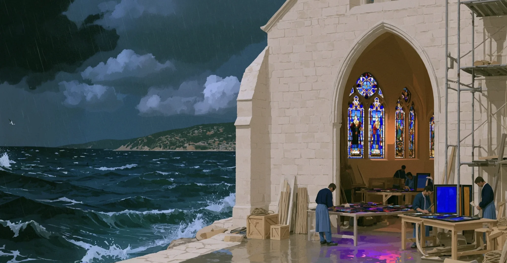 Two Panorama scenes joined: a stormy coastline on the left becomes a stone chapel workshop on the right